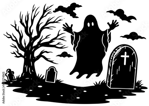 Ghost Floating Above Tombstone Silhouette