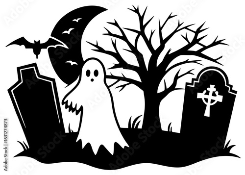 Ghost Floating Above Tombstone Silhouette