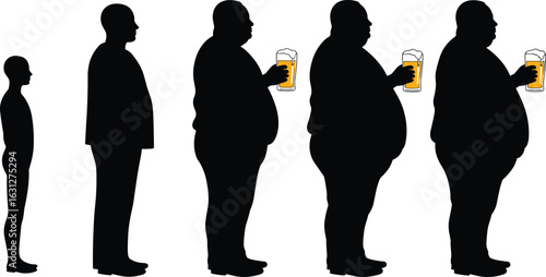 Silhouettes of life stages, aging progression, weight gain concept, beer impact, lifestyle choices, health awareness, body transformation, adult habits