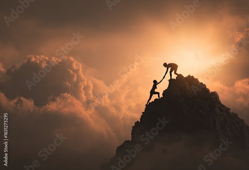 Two figures, silhouetted against a dramatic sunset, one helping the other climb a mountain peak