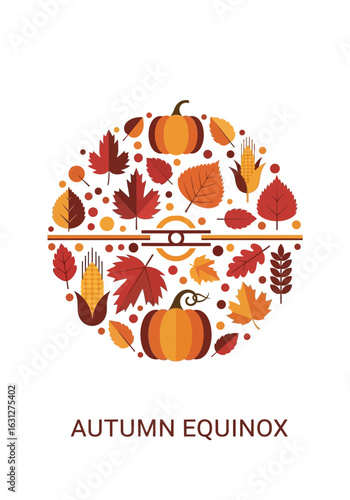 Vibrant autumn harvest circle featuring pumpkins, corn, and colorful falling leaves celebrating the fall equinox season