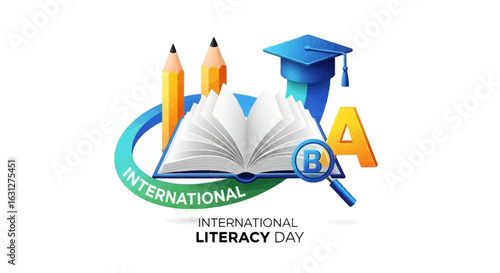 Celebrate International Literacy Day with educational symbols like books pencils graduation cap and magnifying glass promoting learning and knowledge acquisition