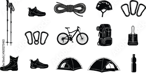 silhouettes featuring hiking poles, climbing ropes, helmets, carabiners, mountain bikes, backpacks, tents, and water bottles