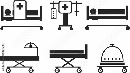 Illustration showing several medical beds patient beds and hospital equipment in black and white color scheme silhouette