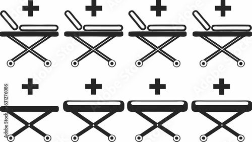 Multiple hospital gurneys and plus signs arranged in a grid pattern in a black and white medical theme design silhouette