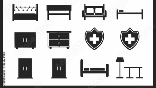 Collection of furniture icons including beds sofas cabinets and medical shield symbols in black and white silhouette