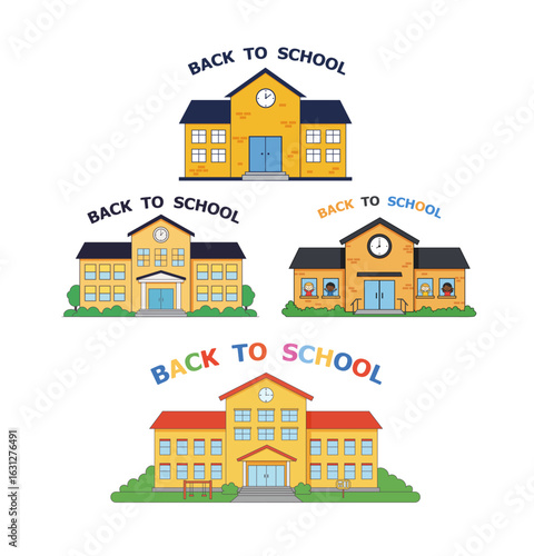 Collection of stylized school buildings with colorful “Back to School” lettering and fun details. Usage: icons, posters, postcards, cards, maps, websites, social networks, coloring books.