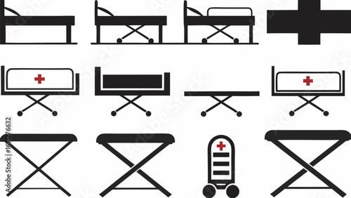 Illustration showing various medical beds stretchers and equipment including beds with crosses and wheels black and white silhouette