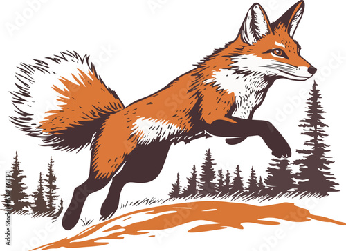 Leaping Red Fox Vector Illustration Forest Background Wildlife Nature Wilderness Hunting Emblem Design