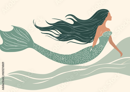 Beautiful Mermaid with Long Green Hair Swimming in the Ocean Waves Vector Illustration for Prints Apparel and Cards Designs