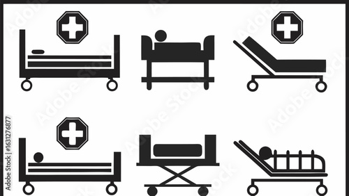 Illustration of medical beds and stretchers with healthcare symbols in a black and white design style silhouette