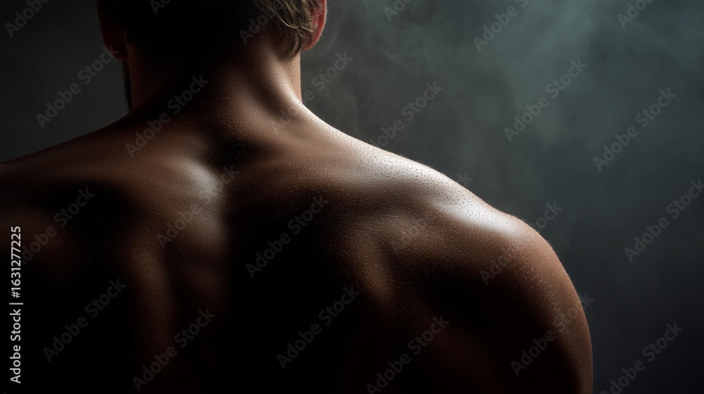 Close up shot of a muscular man's back and shoulders in a dark setting Close up shot of a muscular man's back and shoulders in a dark setting