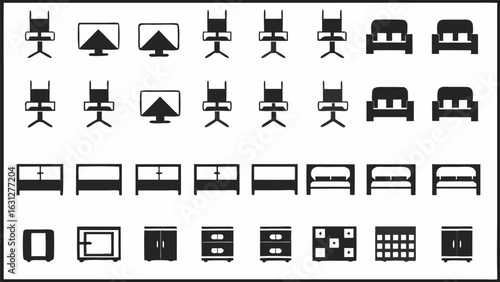 Illustration of furniture icons including chairs televisions sofas cabinets and various storage units shown in rows silhouette