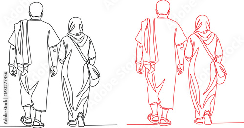 Continuous line art of muslim couple walking together vector editable