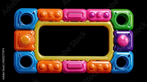 A vibrant rectangular frame constructed of colorful plastic blocks, each with unique shapes and details, sits against black