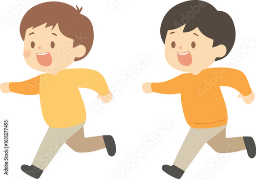 Two happy boys running vector illustration isolated on a white background perfect for kids book, education material, children product, animation, motion