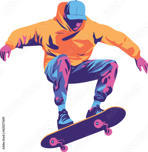 A cool skateboarder doing a trick in the air colorful vector illustration isolated on a white background perfect for sports and active lifestyle designs