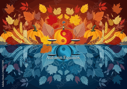 Symbolic Autumn Equinox Illustration with Scales, Pumpkins, and Colorful Leaves Design