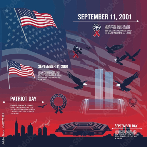 Graphic Detailed September 11 Memorial with American Symbolism and Patriotic Elements