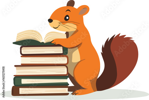 Cute squirrel reading book sitting on stack of books vector illustration isolated on white background forest animal studying education concept design for kids