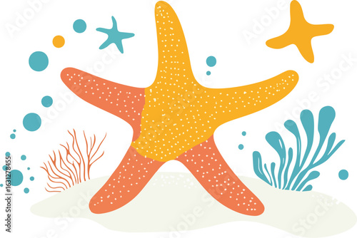 Colorful Starfish with Coral and Algae on Seabed Vector Illustration Isolated on White Background for Summer Beach Vacation and Marine Life Designs