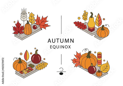 Isometric Autumnal Arrangement with Pumpkin and Maple Leaf Harvest Season Decoration