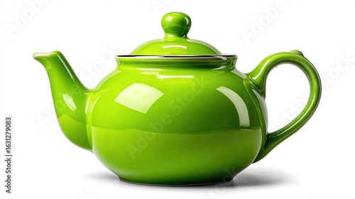 Glossy, bright green teapot with spout, handle, and lid isolated on white