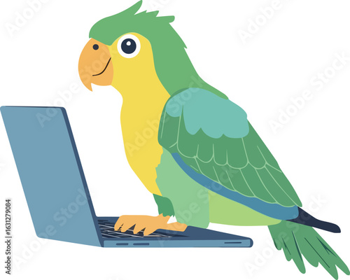 Cute Parrot Working on Laptop Vector Illustration Isolated on White Background Perfect for Social Media Posts Website Designs and Educational Materials