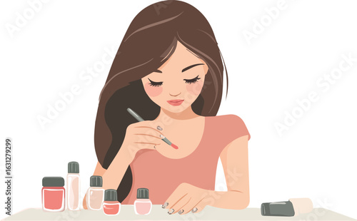 Young woman painting her nails with nail polish at home vector illustration isolated on white background ideal for beauty salon and nail art blogs or social