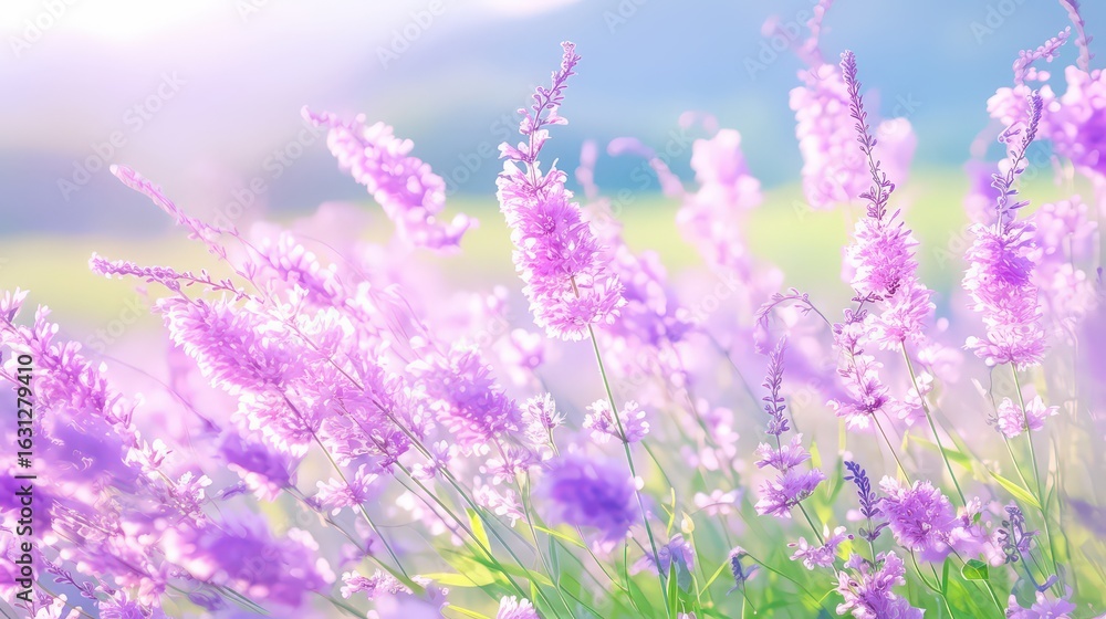 Fototapeta premium A field of tiny purple reed flowers flowerurishing in th
