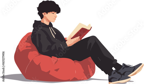 Young man reading a book sitting on a beanbag chair vector illustration isolated on white background perfect for book lovers design education concept and