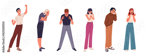 Set of people in different emotional states. Happy, crying, angry, in love, sad, surprised. Modern flat cartoon illustration isolated on white background