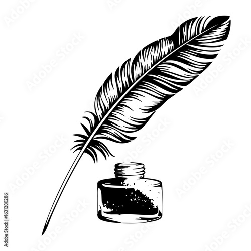 Vector Elegant feather quill and inkwell .