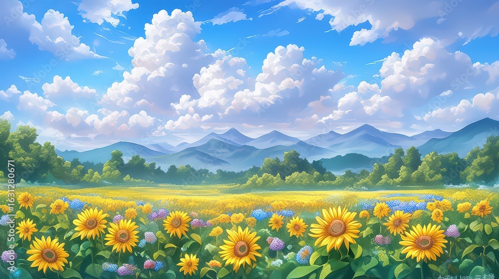 Fototapeta premium A vibrant field of sunflowers glowing under golden su