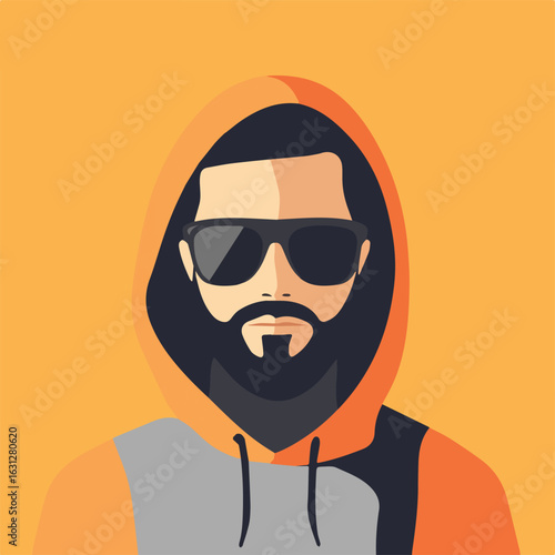Portrait of a bearded man wearing sunglasses and a hoodie vector illustration isolated on an orange background ideal for avatars, profile pictures, and