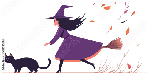 Witch running with her black cat and broom on an autumn windy day vector illustration isolated on white background for Halloween greeting card poster banner
