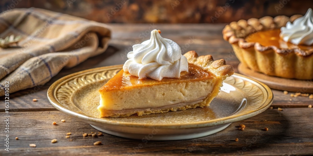 custom made wallpaper toronto digitalA delectable slice of creamy custard pie, topped with a swirl of fluffy whipped cream, rests on an elegant plate, a whole pie subtly visible in the background, set against a rustic wooden table