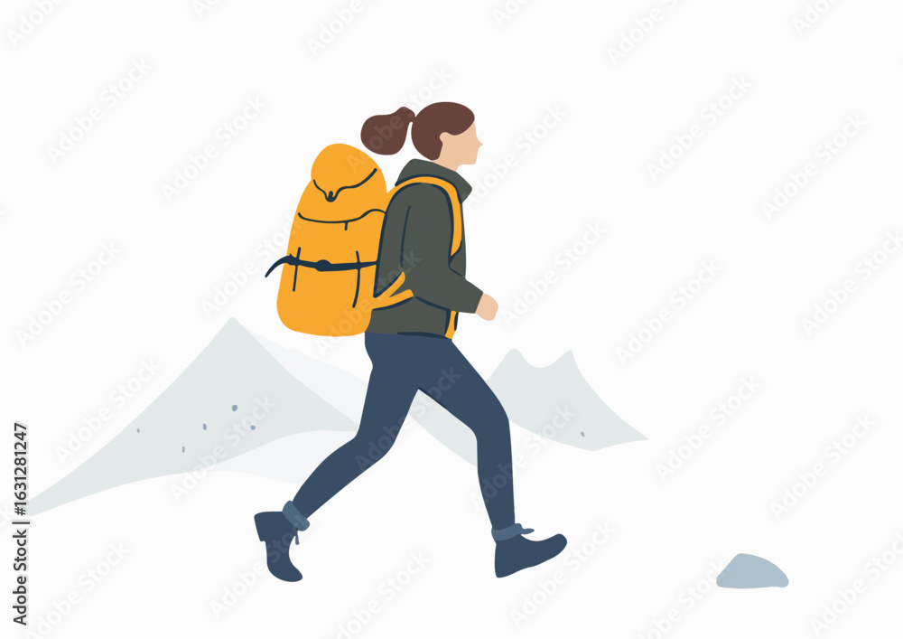 Fototapeta premium Young woman hiking in the mountains with a backpack vector illustration for hiking tourism travel camping outdoor adventure active lifestyle concept isolated on