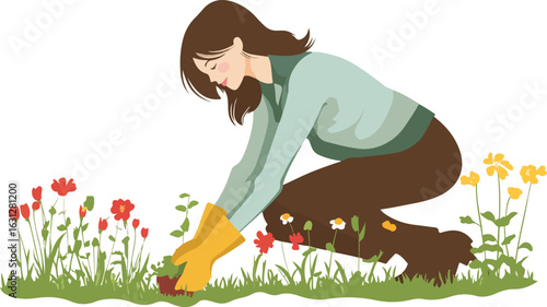 Woman Planting Flowers in Garden Gardening Hobby Vector Illustration Isolated on White Background Concept for Spring Summer Nature and Gardening Design