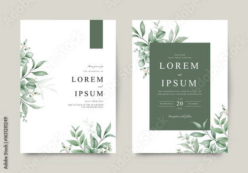 Wedding invitation template set with watercolor green leaves