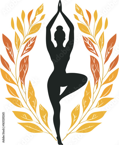 Yoga pose woman silhouette in tree pose with autumn leaves vector illustration for yoga studio fitness center spa salon design element logo symbol icon emblem