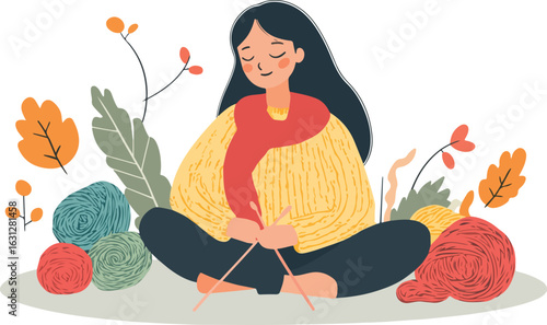 Young woman knitting with colorful yarn balls surrounded by autumn leaves vector illustration for hobby craft handmade design