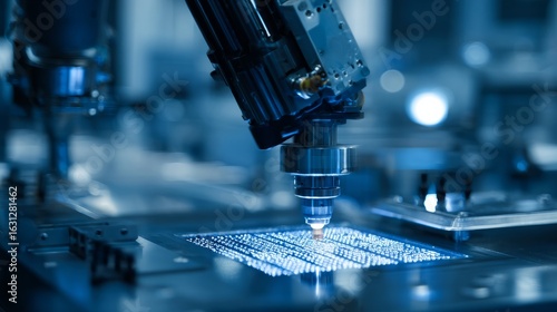 High-precision laser or robotic machine working on a microchip in a tech lab
