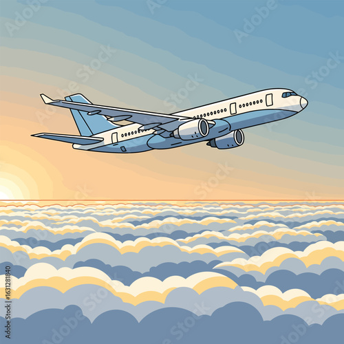 A stylized illustration of a commercial airplane flying above a sea of clouds at sunset.