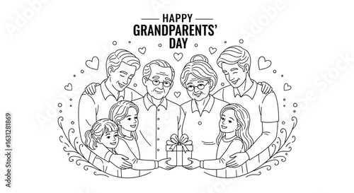 Minimalist Line Art Grandparents Day Family Gathering with Gift Illustration
