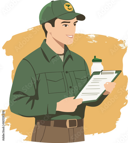 Smiling farmer with clipboard and milk bottle in hand vector illustration isolated on white background farming agriculture milk production dairy farm livestock