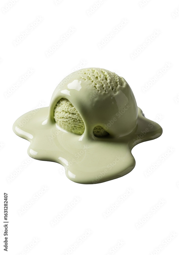 Fototapeta premium Ultra close-up of a melting pale pistachio ice cream, a viscous irregular pool with soft edges on a clean transparent background, professional studio lighting, ephemeral beauty concept