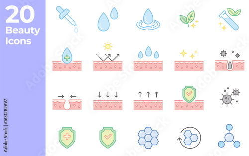 Beauty Skincare Icons, Hydration, and Protection Symbols