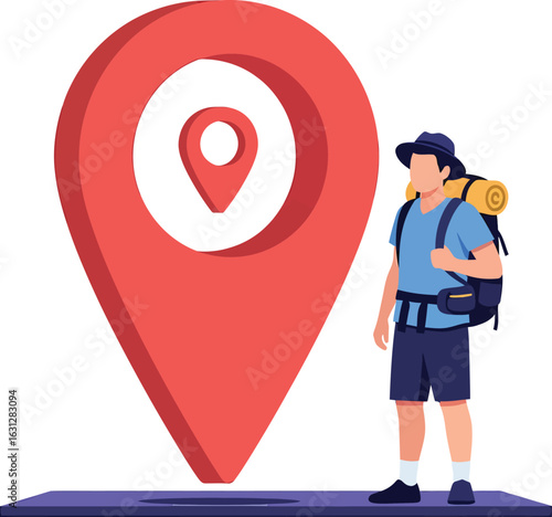 Hiker with Backpack Standing Next to a Large Red Location Pin.