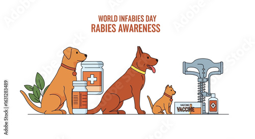 Flat Design World Rabies Day Illustration Featuring Dog Cat and Vaccine
